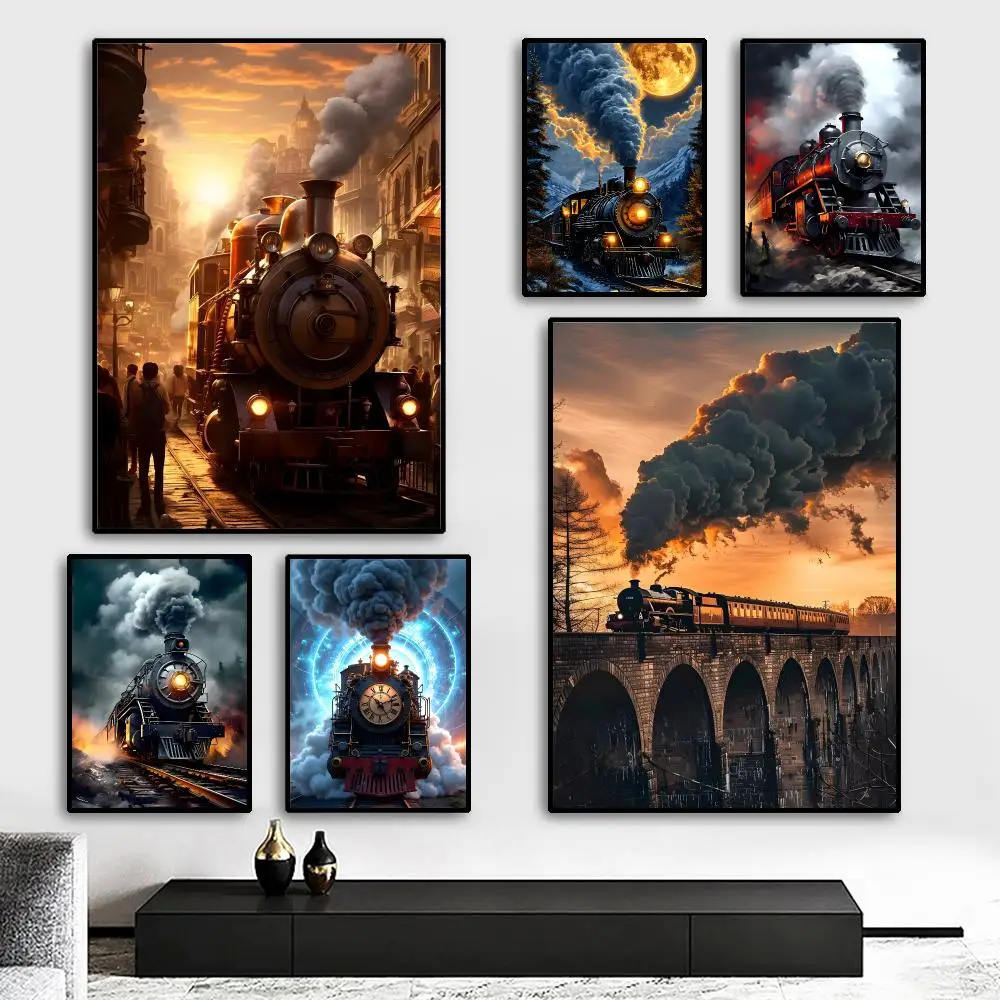 Vintage Railroad Retro Railway Steam Train Painting Calligraphy HD Canvas Poster living room bedroom bar aesthetic decoration
