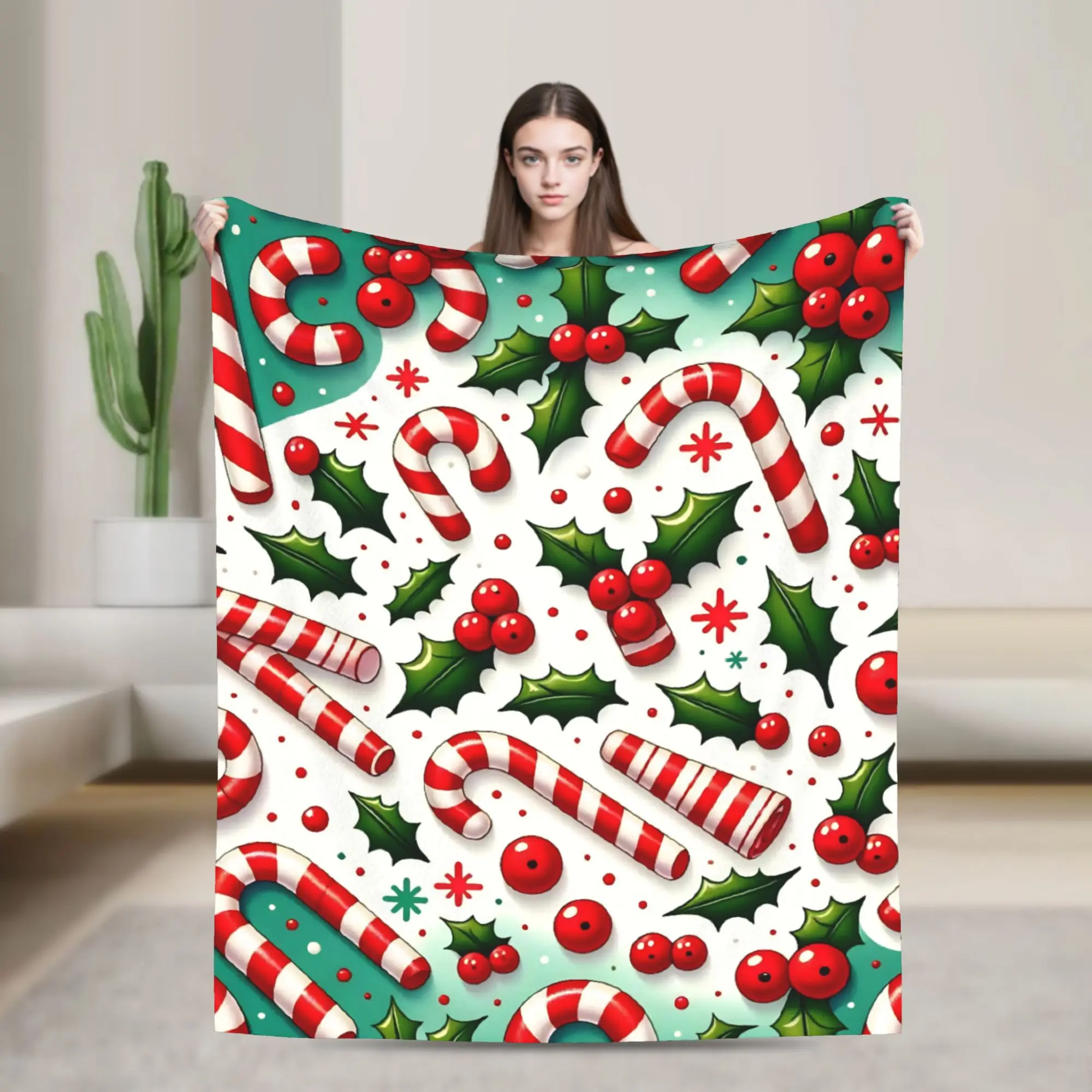 

Cozy Candy Cane Christmas Blanket Warm Comfortable Plush Throw Blanket For Bedroom Decorative Flannel Bedspread Bed Cover