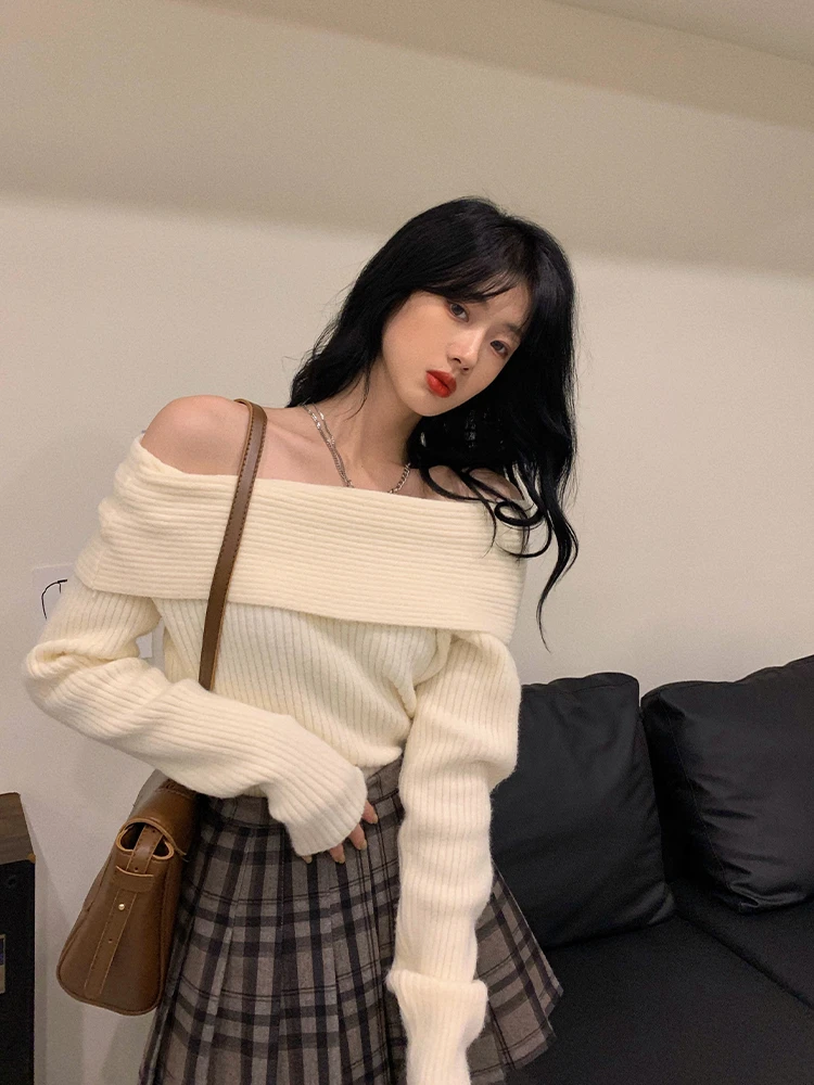 Suéter de Punto ueso is de Un Solo Hombro para Mujer, Estilo Dulce, Moda de Primavera y Otoño, Diseño que Realza la Figura