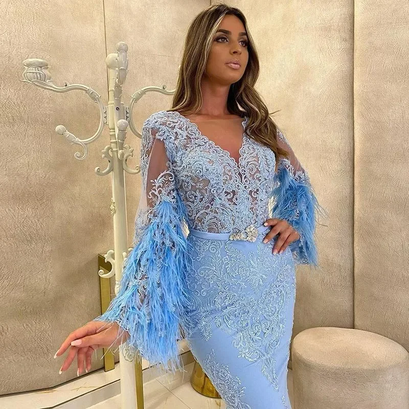 

Elegant Tea Length Sheath Lace Formal Evening Dresses With Feather Long Flare Sleeves Sky Blue Appliques V Neck Customized