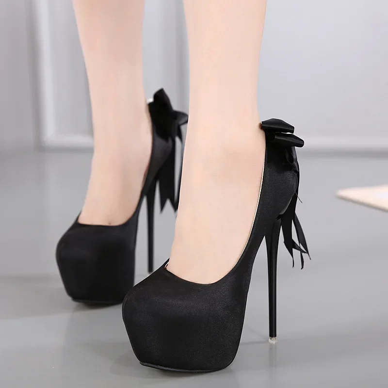 Women Sandals Silk Slip on 16CM Thin Heels High Heels Round Toe Butterfly-knot Shallow Waterproof Women Shoes Size 35-42 Black