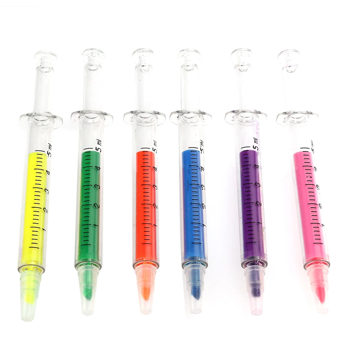 

6pcs Syringe Highlighter Pens 6 Colors Yellow Orange Blue Green Red Purple Fluorescent Pens For Notes School Office Use Smooth