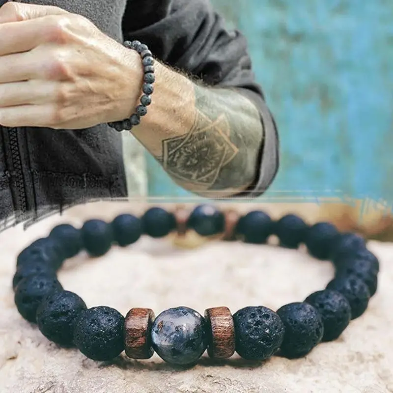 Retro Fashion Volcanic Stone Bracelet For Men Lava Wooden Beads Bracelet Tibetan Buddha Wrist Chain Women Jewelry Gift Wholesale