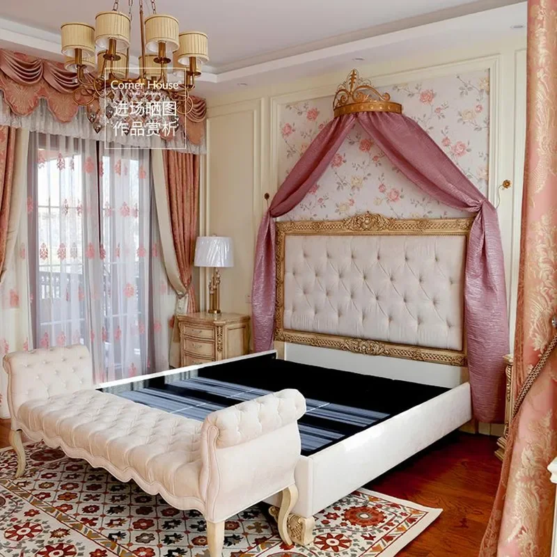 

European neoclassical carved three-person fabric sofa, American villa model room leather art chaise longue combination