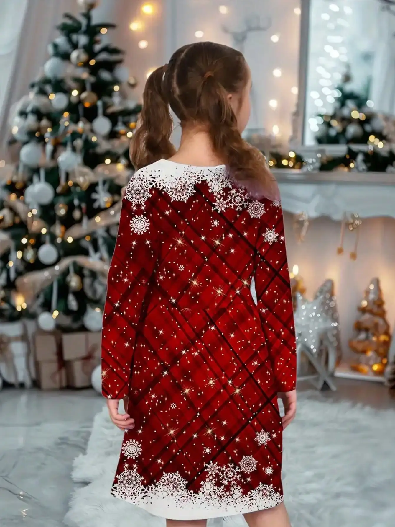 Snowflake print long sleeved Christmas dress - girls' red holiday party dress - special occasions winter holiday dress