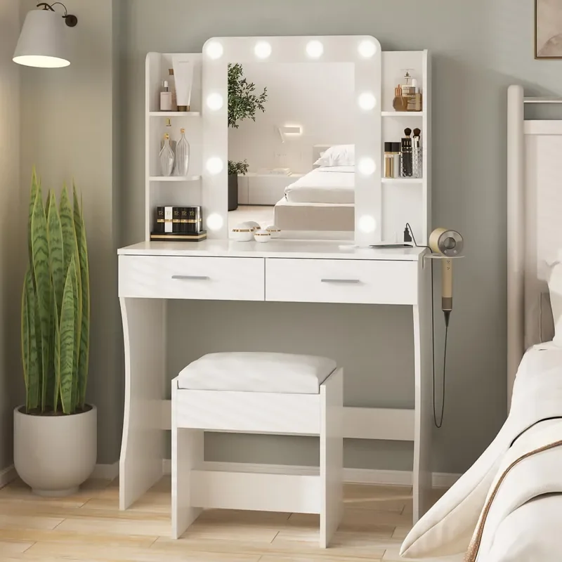 White Makeup Vanity Desk with Lighted Mirror and Charging Station