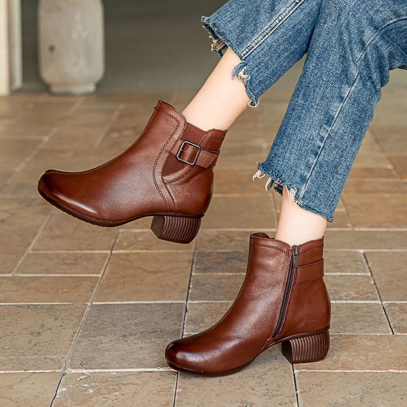 

GKTINOO Women Thick Heel Ankle Boots Winter Handmade Retro Style Genuine Leather Side Zipper Plush Warm Casual Short Boots