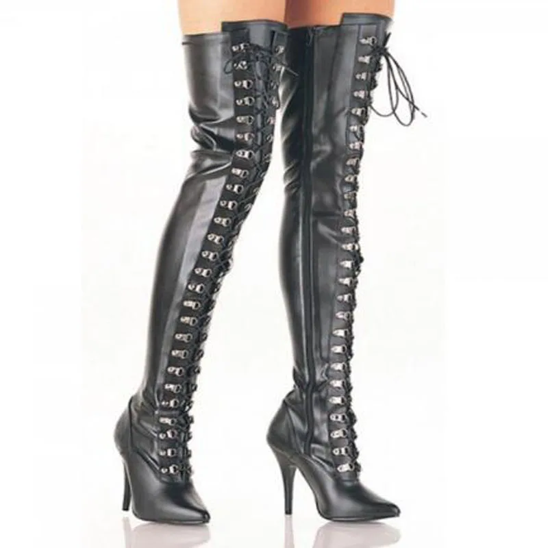 

Drop Shipping Woman Black Solid Leather Cross Tied Slim Zipper Side Pointed Toe Stiletto High Heel Over The Knee Thigh Boots