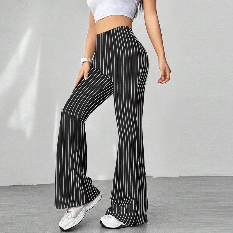 2025 신상 하이웨이스트 여성 스트라이프 배색 슬림핏 마이크로 플레어 팬츠 개성있는 만능 트라우저 여성 가을