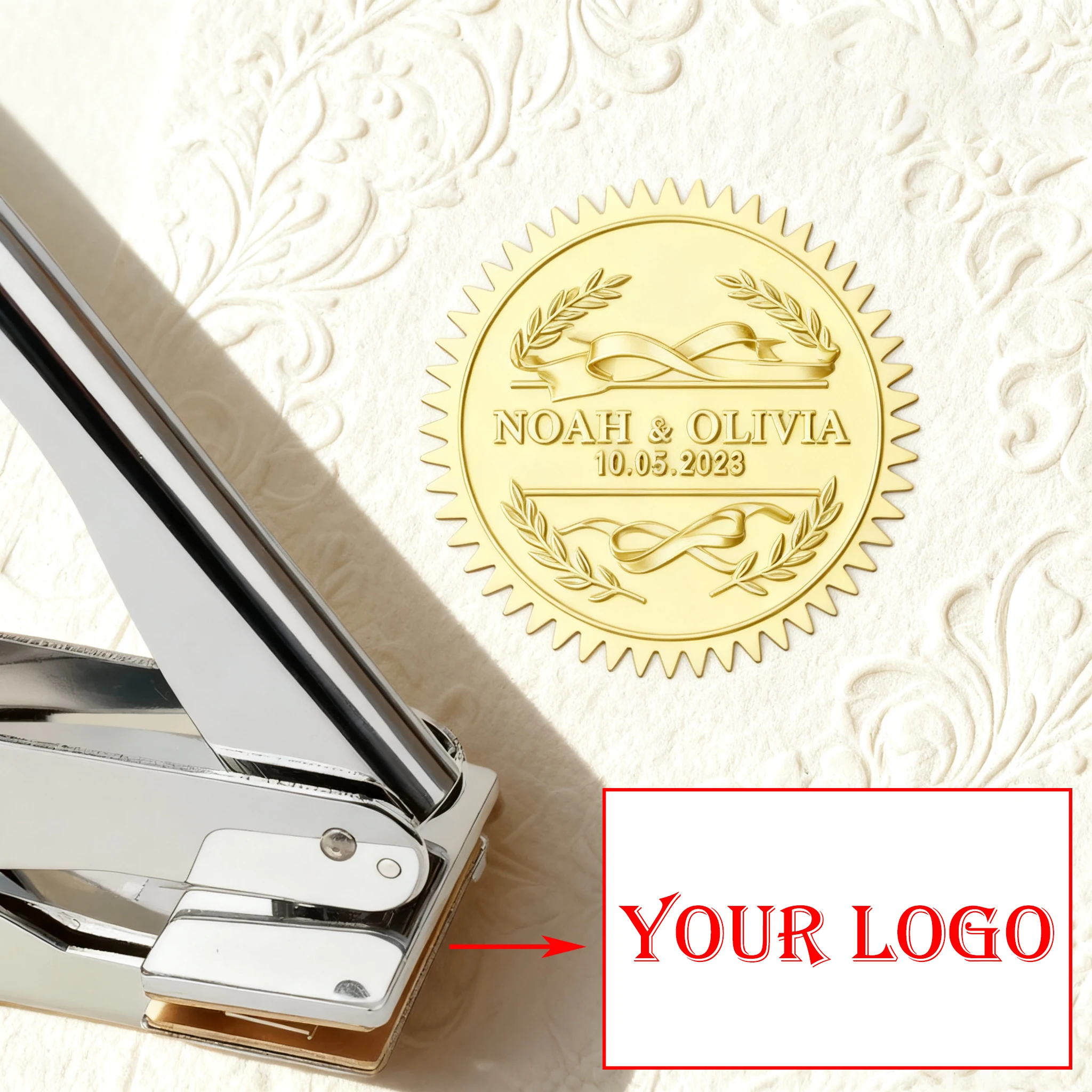 Embaseador de libros de plata Embosser de direcciones personalizado Diseño de logotipo personalizado con iniciales y texto Sello en relieve manual para sobre