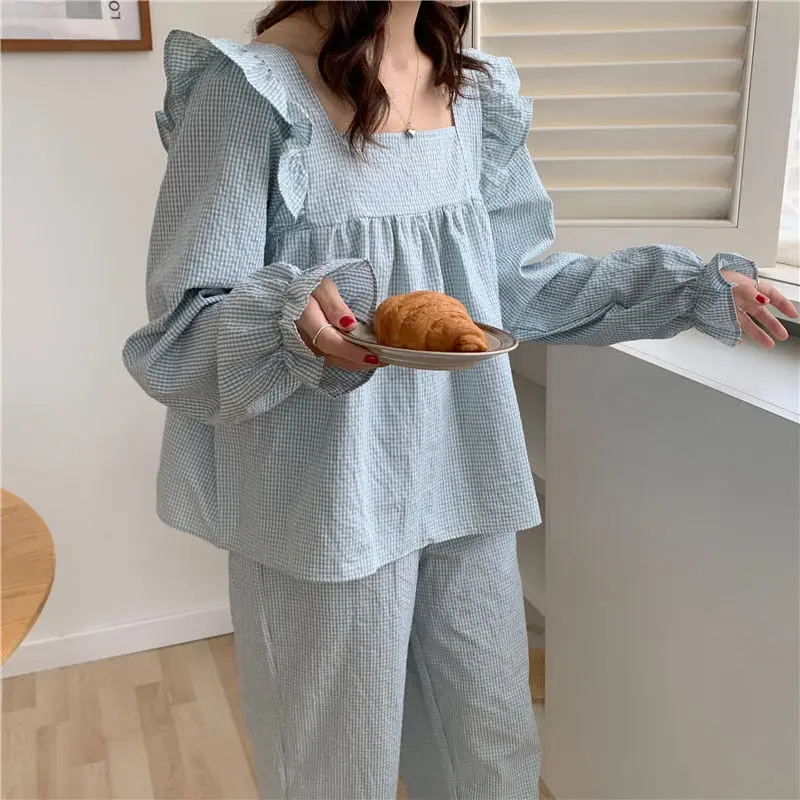 Pajama Sets Women Sleepwear Ins Japanese Style Sweet Fall Plaid Ruffles Long Sleeve Full Length Lovely Home Cozy Pyjamas Female