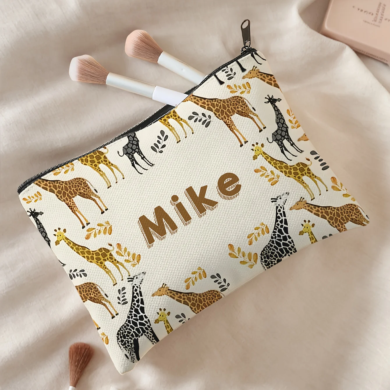Custom Name Giraffe Cosmetic Bag Personalized Text Print Zipper Pouch Travel Makeup Storage Purse Animal Lover Gift Travel Bag