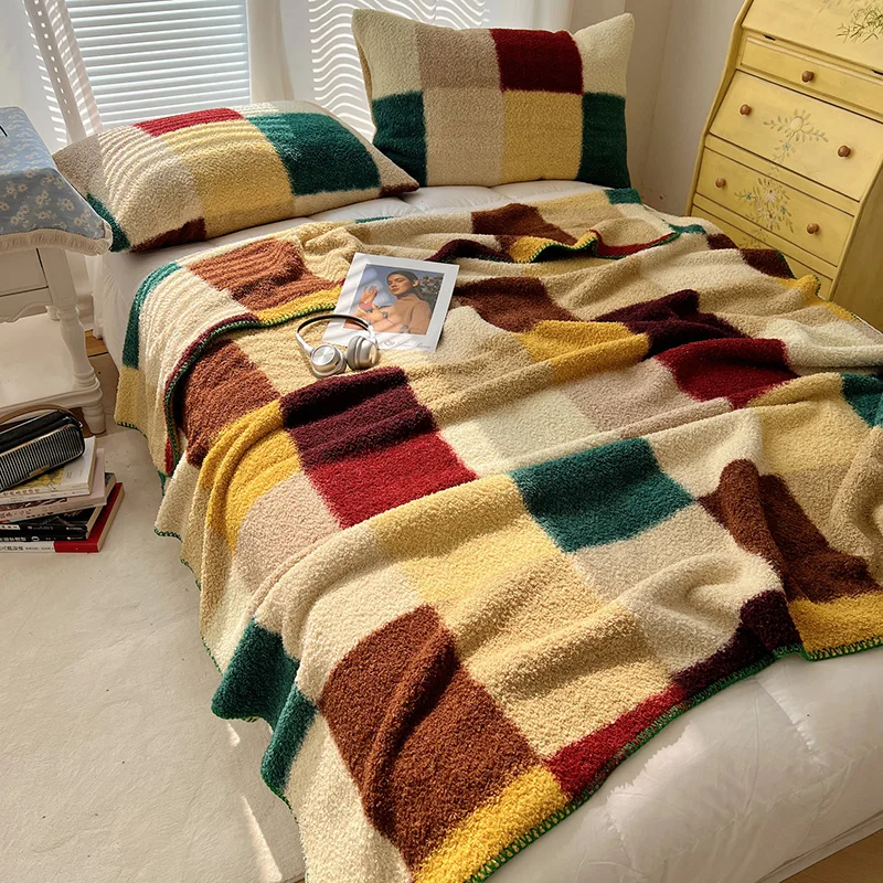 

Плед A-Class из искусственного меха в ретро-клетку для дивана, автомобиля, дома, теплый вязаный плед из полиэфирного волокна