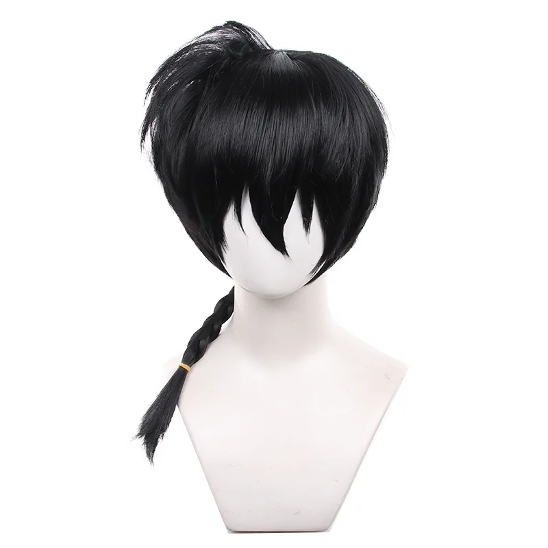 Ranma Saotome-Perruque Cosplay Anime 1/2, Queue de Cheval Rose Foncé, Cheveux Noirs en Fibre, Bonnet de Perruque Gratuit, Halloween, Homme et Femme