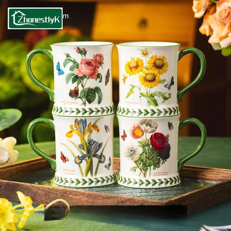 British Garden Style Ceramic Mug – Heat-Resistant Office Afternoon Tea Cup with Fresh Floral Pattern, Ideal for Home Coffee Use