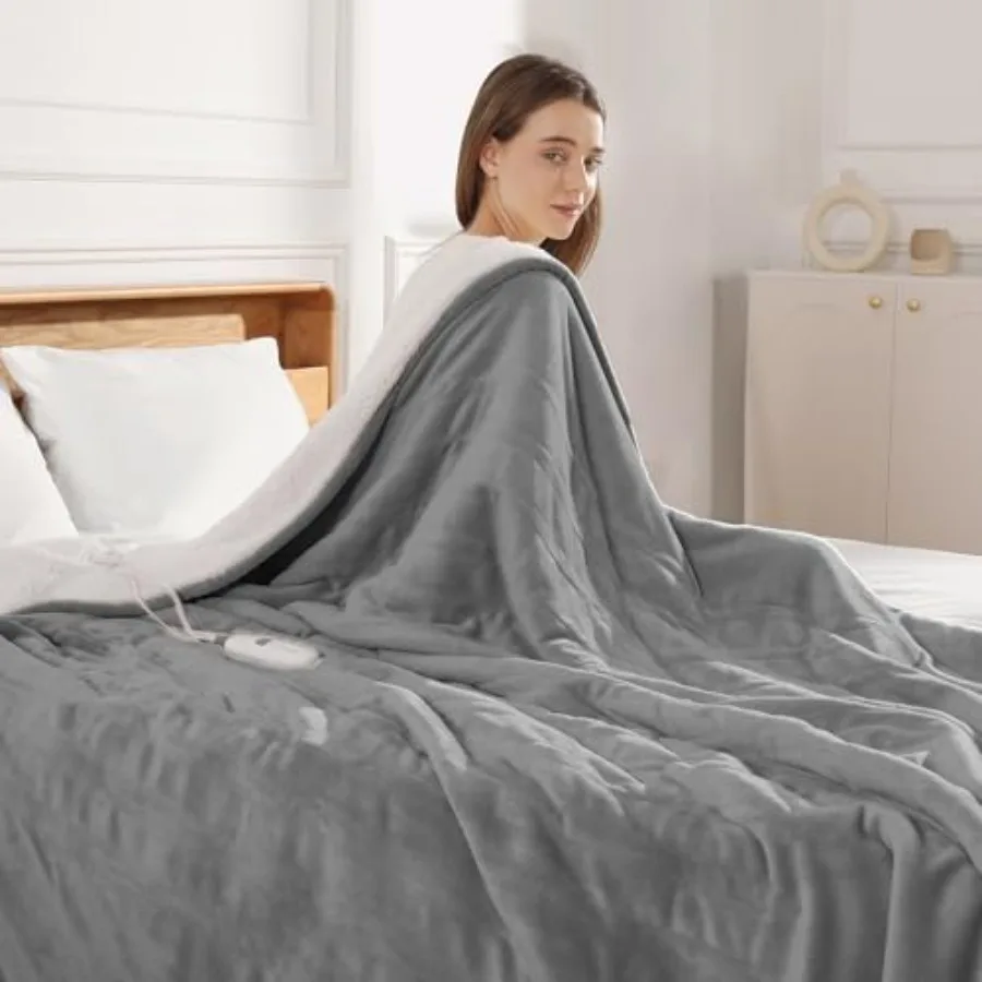 

Queen Size Electric Blanket 84''x90'' Heated Blanket - Plush Flannel and Soft Sherpa Fleece Heating Blanket for Couple 5 Heat L