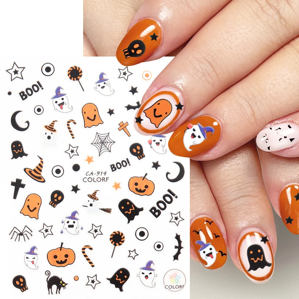 3D Cute Ghost Nail Sticker Colorful Halloween Decoration Cartoon Pumpkin Nail Slider Black Cat Spider Bat Manicure Decals LEB-CA