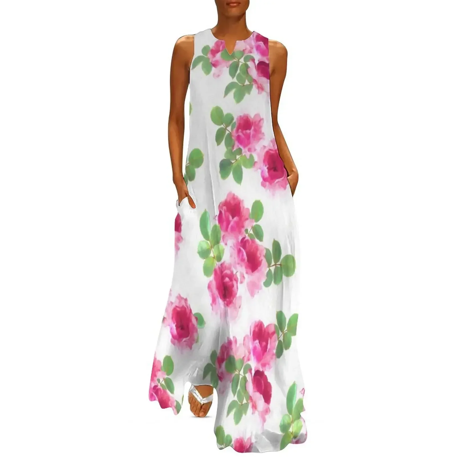 

Raspberry Pink Painted Roses on White Long Dress evening dresses luxury 2025 Bridesmaid dress woman Elegant gown Dress