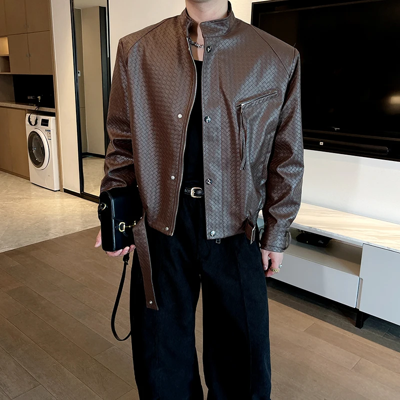 

2025 Autumn American Retro Woven Leather Jacket Men Loose Stand Collar Motorcycle Leather Jacket Social Streetwear Men Clothing