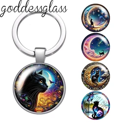 New Moon Night Cat the mysterious black cat photo glass cabochon keychain Bag Car key chain Ring Holder Charms keychains