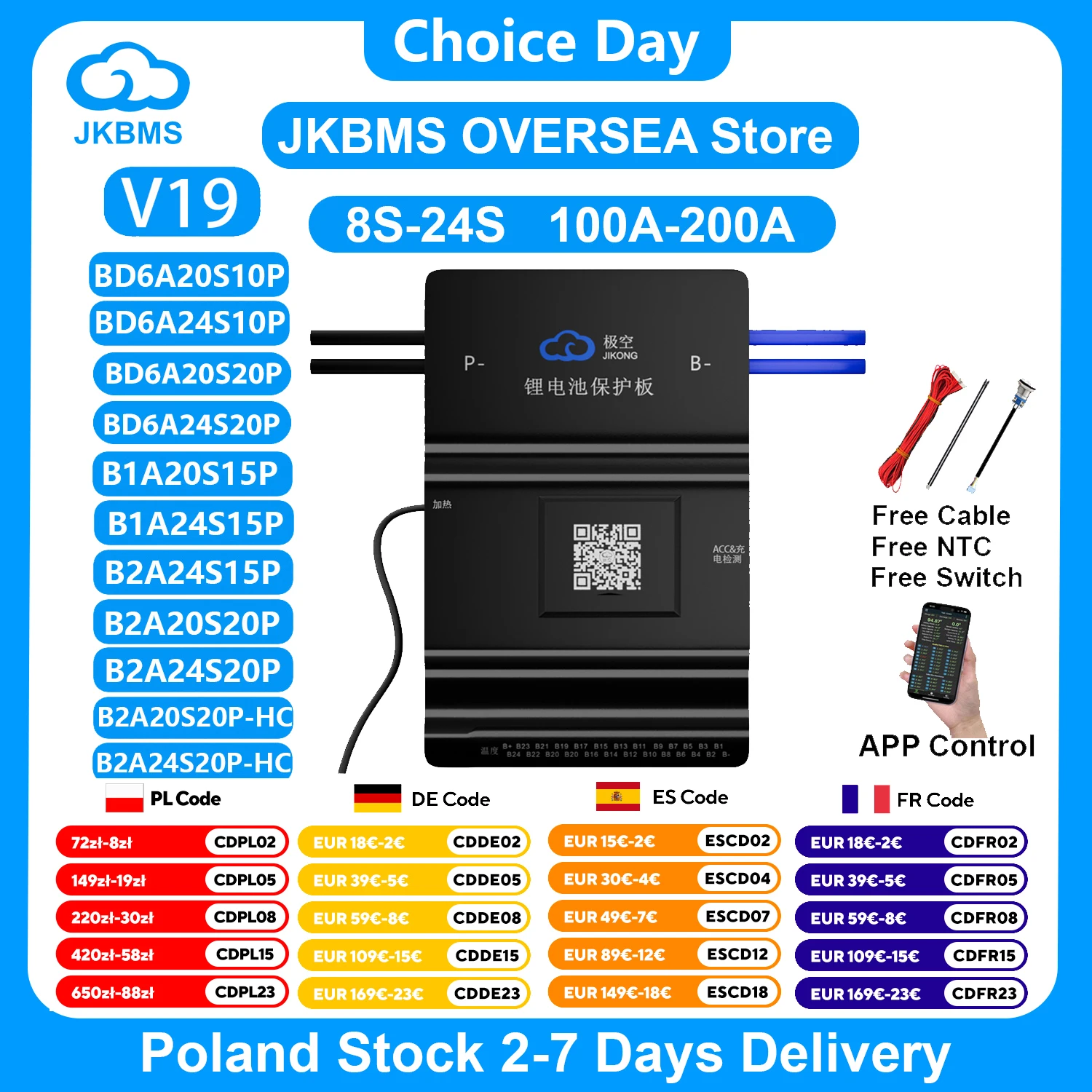 JKBMS V19 Versione Smart BMS 8S-24S BT RS485 Heat CAN 0.6A ~ 2A 20V-100V 100A ~ 200A Bilanciatore attivo per batteria LiFePo4 Li-ion Lto