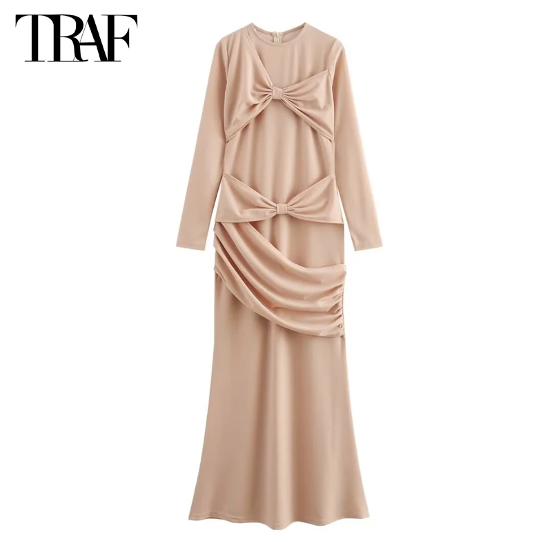 TRAF 2024 Knot Draped Dress Women Evening Maxi Dresses for Woman Long Sleeve Bodycon Dress Woman Summer Holiday Dress Women