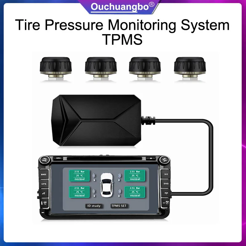 

Ouchuangbo Tire Pressure Monitoring System TPMS with 4 External Sensor Tire Pressure Alarm sensor support USB port