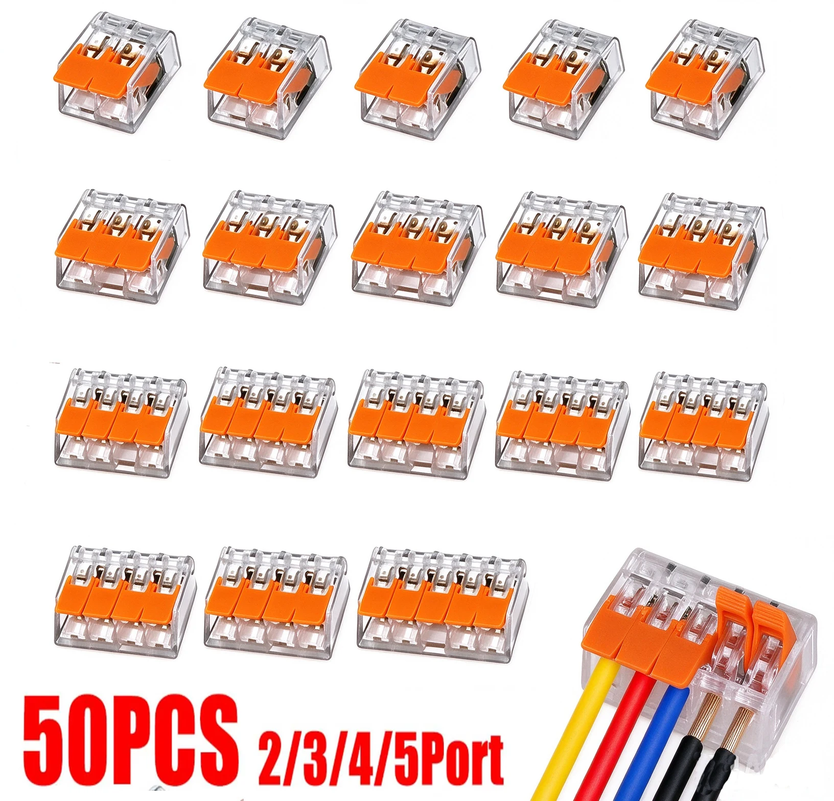 50PCS Electrical Cable Connectors Kit 2/3/4/5 Port Lever Wire Quick Splice Terminal 32A 450V for 0.15-4mm2 Wire