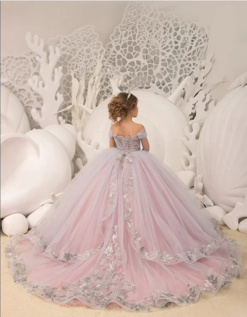 

Silver Appliques Princess Flower Girl Dresses Tulle Long Child Pageant Wedding Party Birthday Dress Off Shoulder Prom Ball Gown