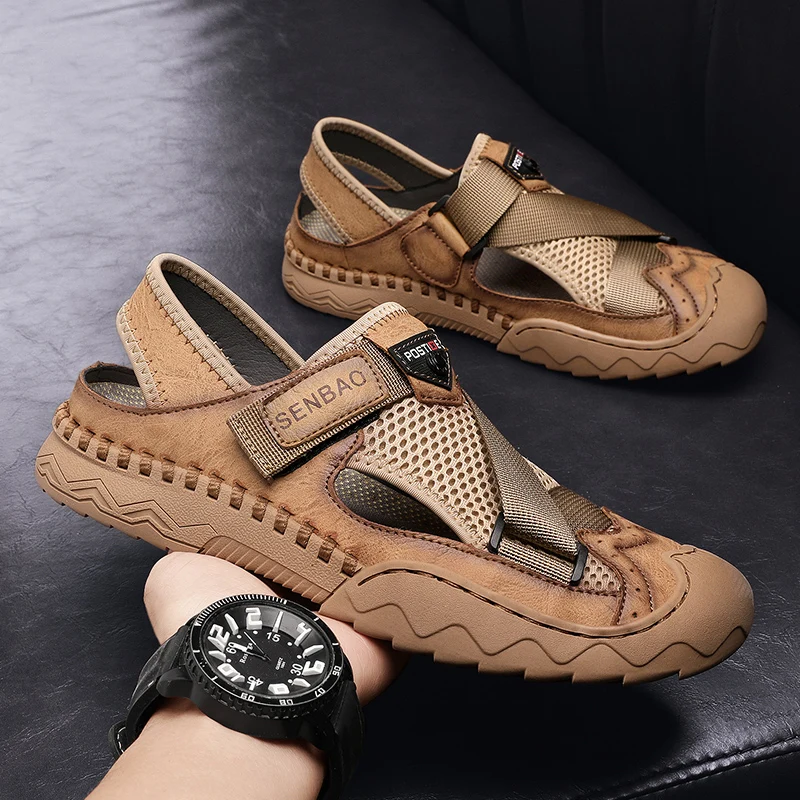 Handmade Leather Sandals Shoes Men Casual Sandalias Men Summer Shoes Soft Mesh Comfort Beach Sandals Hollow Non-Slip Men Shoes