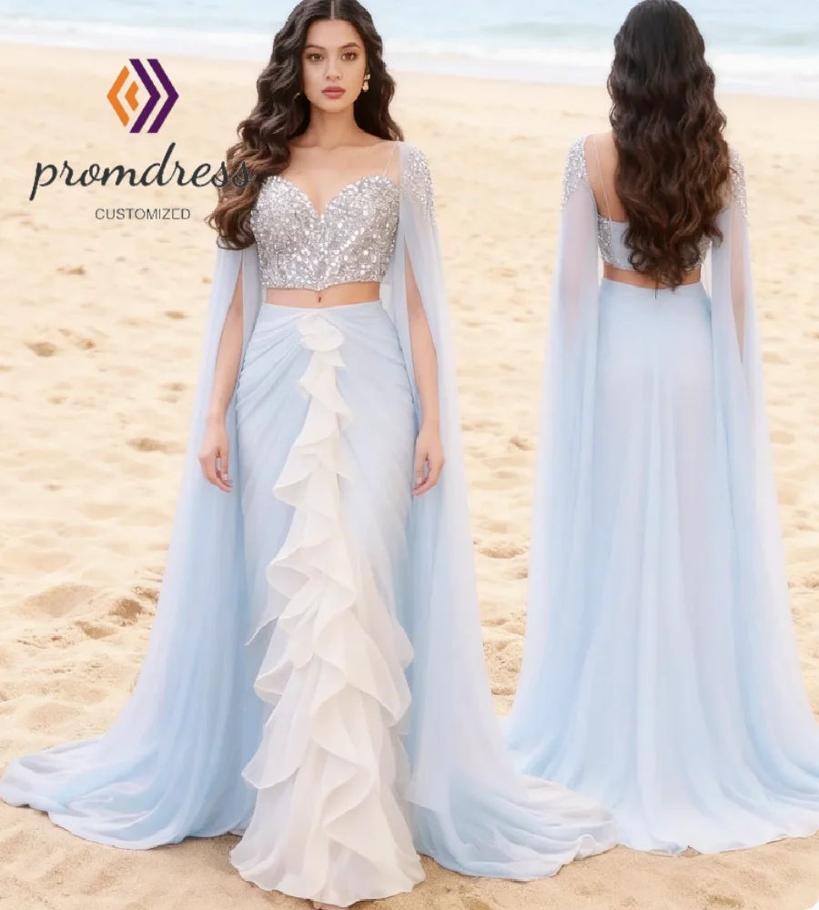 Ethereal Blue 2 Pieces Wedding Dresses 2026 Silver Sequin Crop Top Chiffon Ruffle  Beach Bridal Gowns Flowy Cape Sleeves Notice