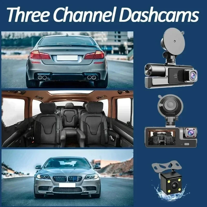 Dash Camera Channel Cam Car Black Box Night Vision Dvr 170° Wide Angle Dashcam 1080P 3 Cameras Suction Cup Loop Recording Parts