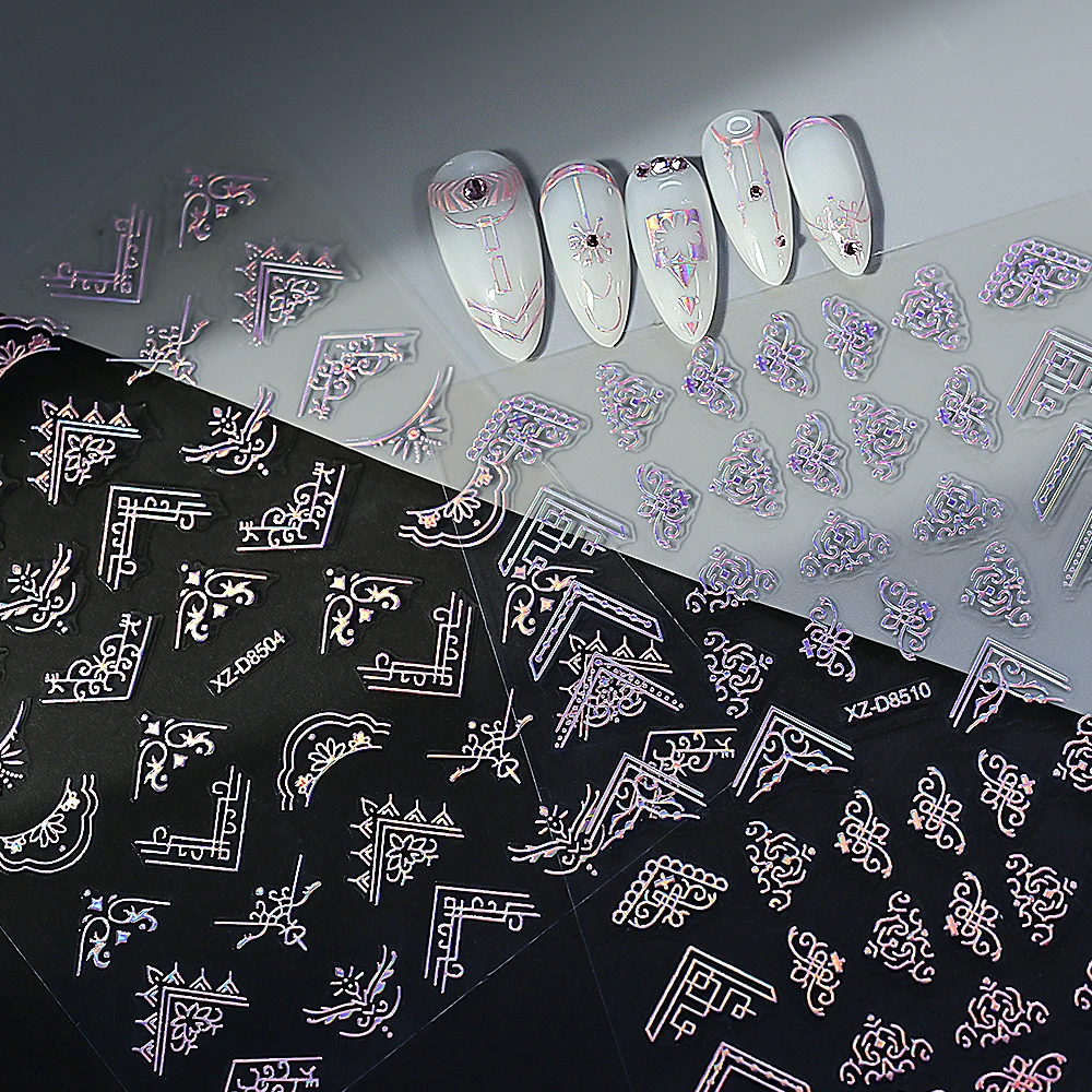 12 stuks 3D geometrie bloem blad nagelstickers roze laser zilveren lijn geometrisch geschilderd slider nail art stickers manicure decoraties