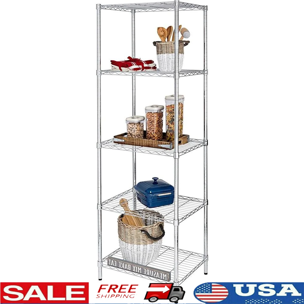 5-Tier Chrome Storage Shelves 250 lbs Capacity Adjustable Height Commercial Grade No Tool Assembly Kitchen Garage