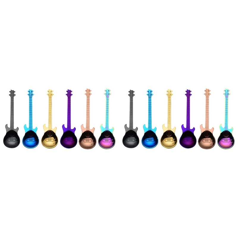 Guitar Coffee Spoons 12-Pack Creative Cute Spoons Stainless Steel Teaspoons Guitar Shaped (Multi-Color)