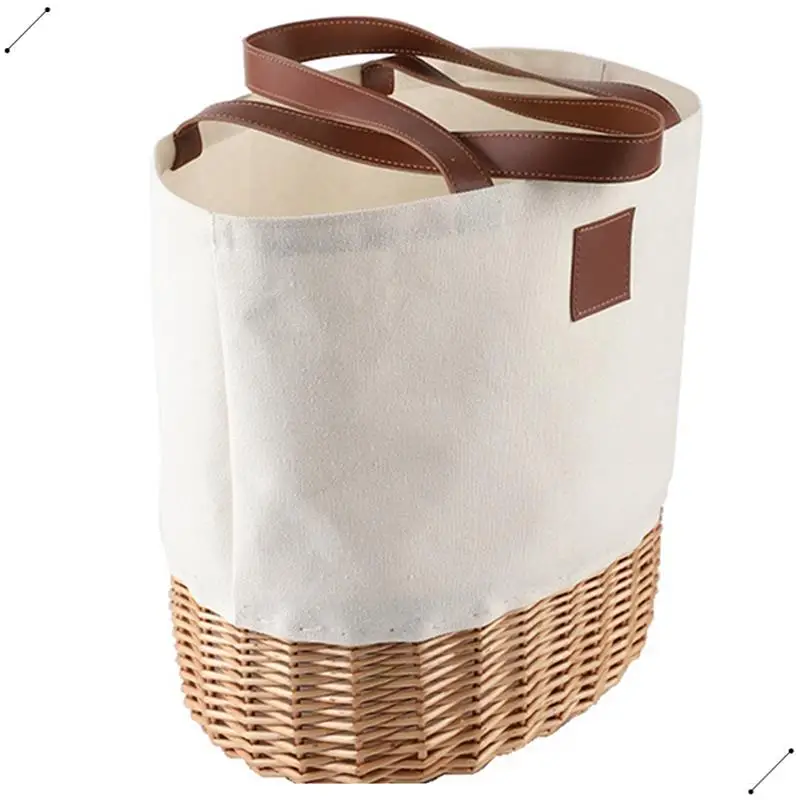 Picnic Basket,Picnic Tote Bag,Sturdy Woven Base & Canvas Beach Tote Bag