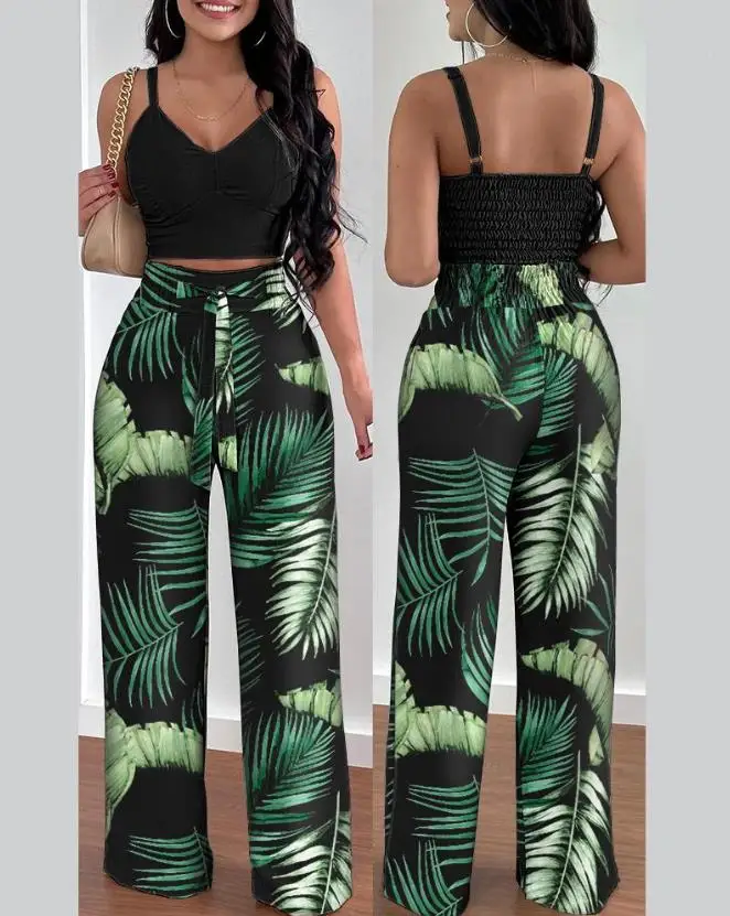 Two Peice Set Women Sets Elegant Tropical Print Shirred Crop Top High Waist Pants Set 2022 Summer Vacation Casual New Fashion