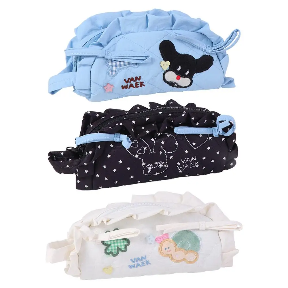 Kawaii Sweet Bow Pen Bag Large Capacity Dog Rabbit Pencil Pouch Case Ruffle Organize Stationery Handbag Students