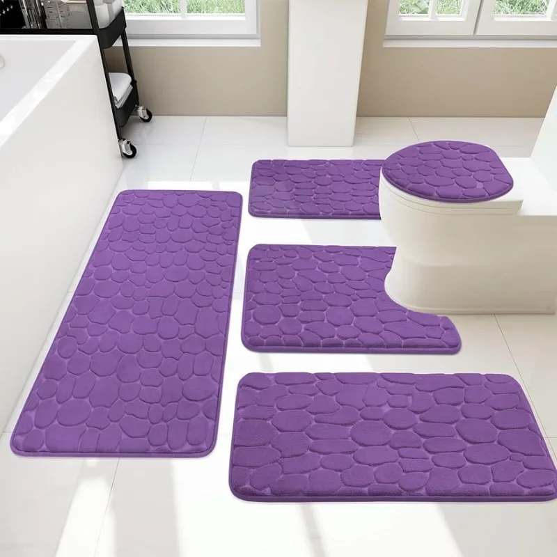 Bathroom mat Set 5 Piece, Memory Foam Set Extra Thick, Bathroom Non-Slip Bath Mat, Water Absorbent, Washable Purple