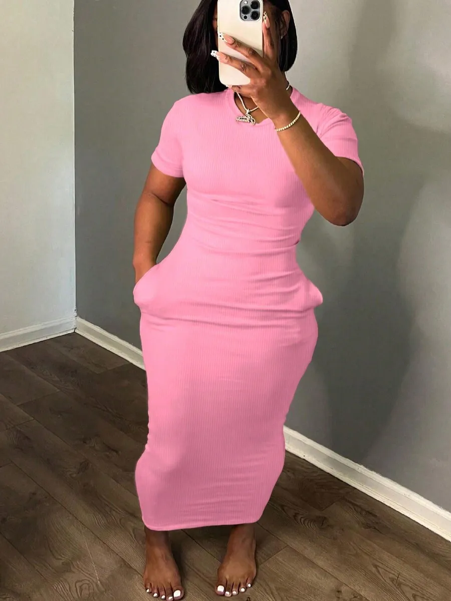 

Ribbed Bodycon Short Sleeve Solid Color Midi Dress For Women