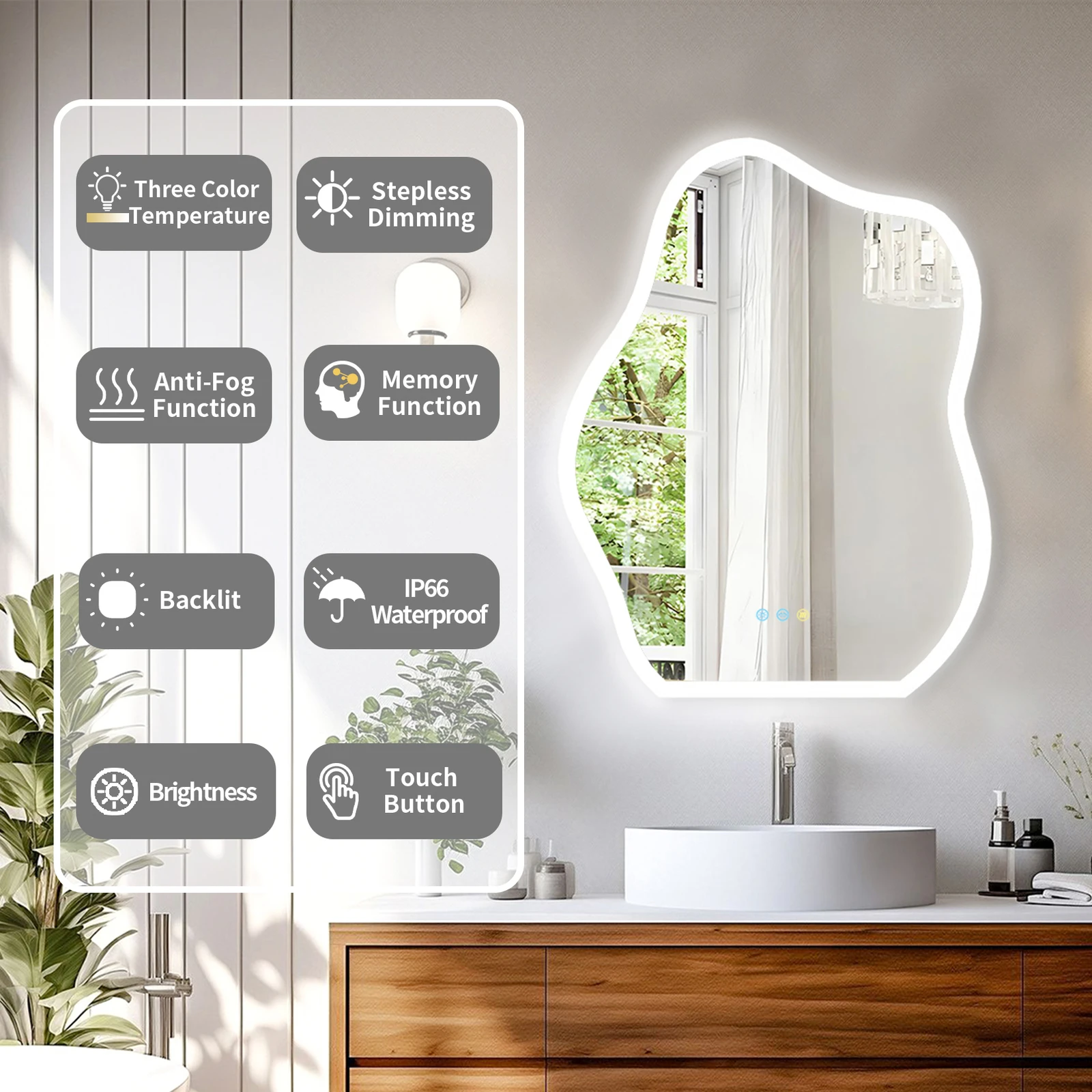 Unregelmäßiger Wandspiegel mit LED-Leuchten, beleuchteter Demister, Antibeschlag-Badezimmer