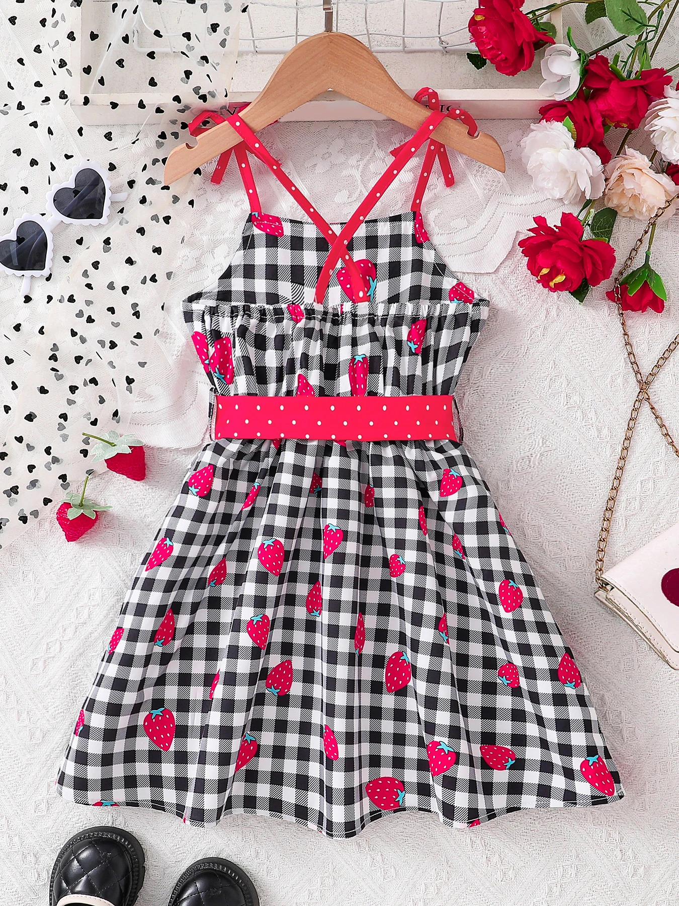 European and American Style Girls' Summer Thin Sleeveless Dress, Black and White Checkered Strawberry Pattern Rose Red Bow Dress, Youthful and Energetic Fashion Versatile Suspender A-Line Dress for Girls Aged 4-5-6-7-8 Years, Suitable for Outdoor Activities, Casual Wear, Parties, Holiday Gifts