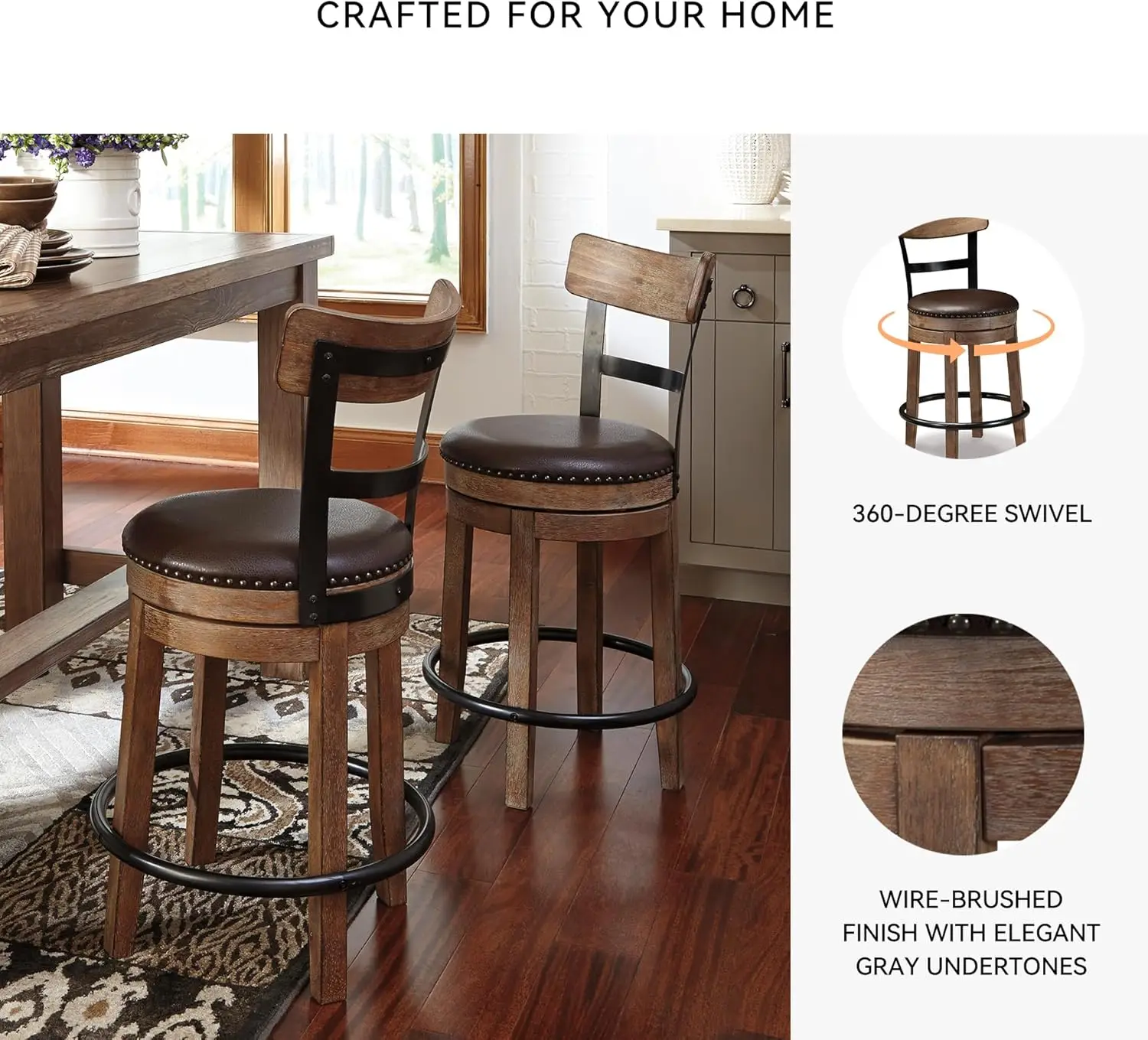 24.25" Counter-Height Swivel Bar Stool - Modern Farmhouse Style, Faux Leather, 360° Rotation, Rustic Light Brown