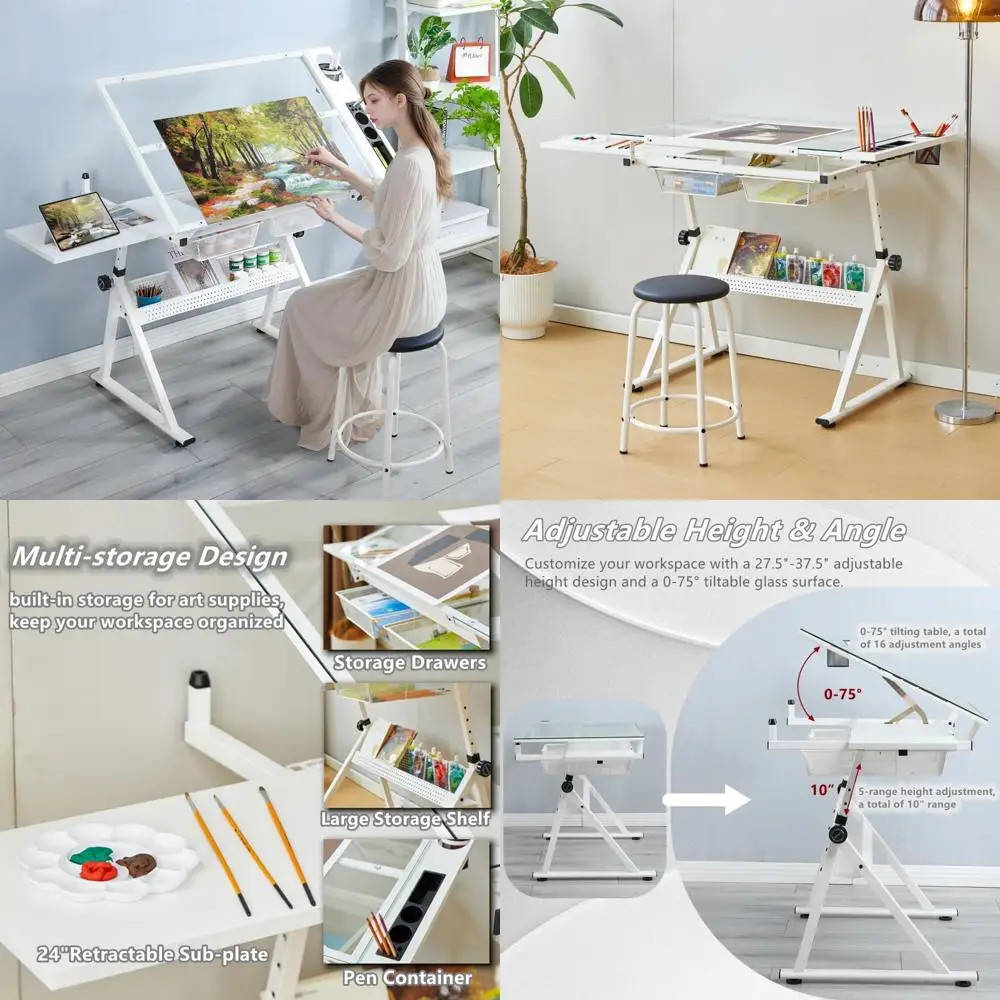 Adjustable Height Art Desk with Tilting Glass Tabletop and Multi-Storage for Sketching and Drawing