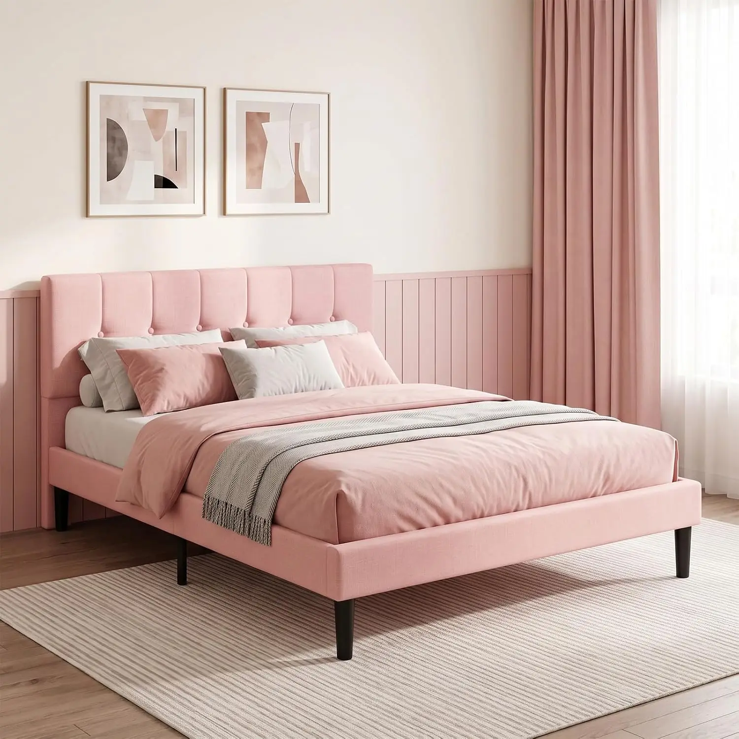 Velvet Tufted Queen Bed Frame Upholstered Headboard Pink, Customized
