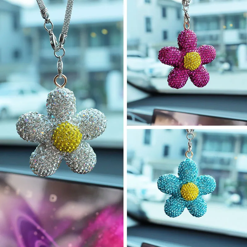 1pc Full Diamond Sun Five Petal Flower Car Interior Pendant Car Pendant Interior Rearview Mirror Decoration