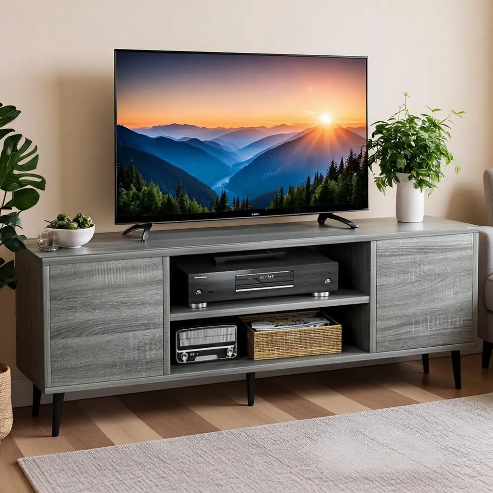 

65 Entertainment Center, Retro Style TV Stand with Storage Cabinets, Ideal for Living Room, Bedroom, or Office, Light Gray, 58 I