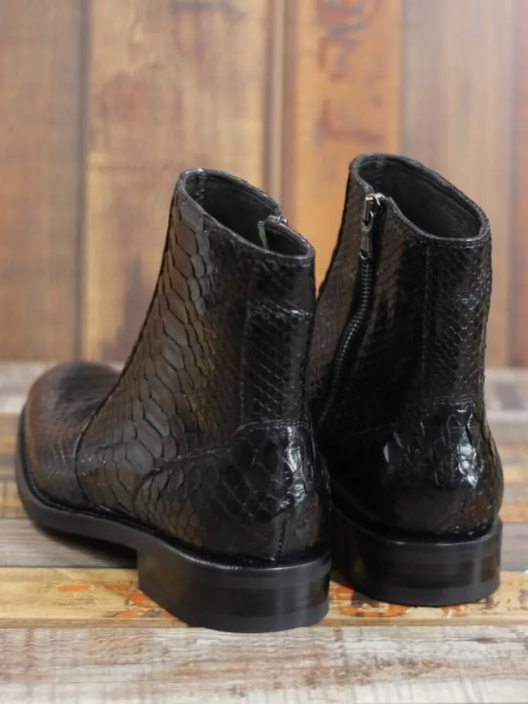 Concise Style Snake Skin Pointed Toe Zipper Handmade Ankle Boots Solid Color Genuine Leather Male Hard-Wearing High Top Footwear