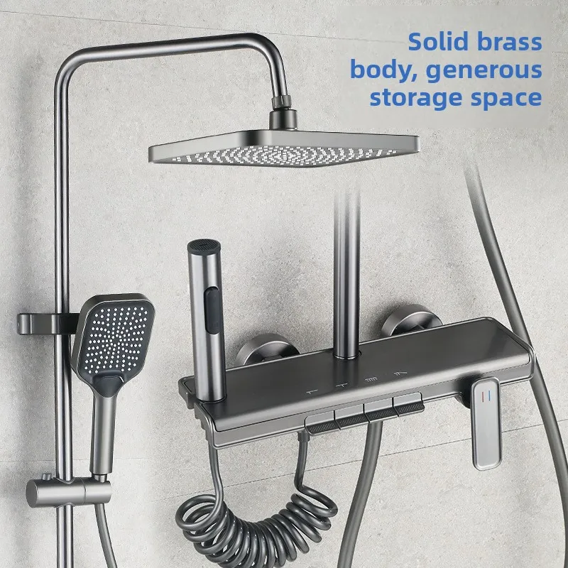 All Copper High Pressure Thermostatic Shower Set Storage Shelf Overhead Rainfall Shower Head Home Bathroom Collection Bathroom