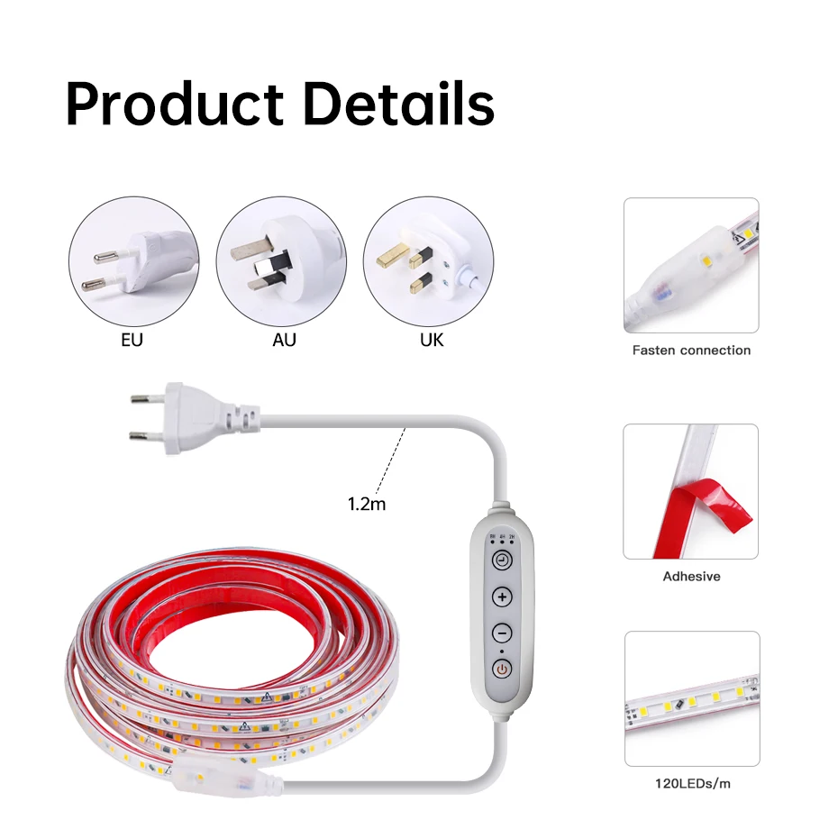 AC 220V LED Strip Lights SMD 2835 Waterproof Led Tape with Timing Dimming Switch Flexible Ribbon For Kitchen Outdoor Lighting